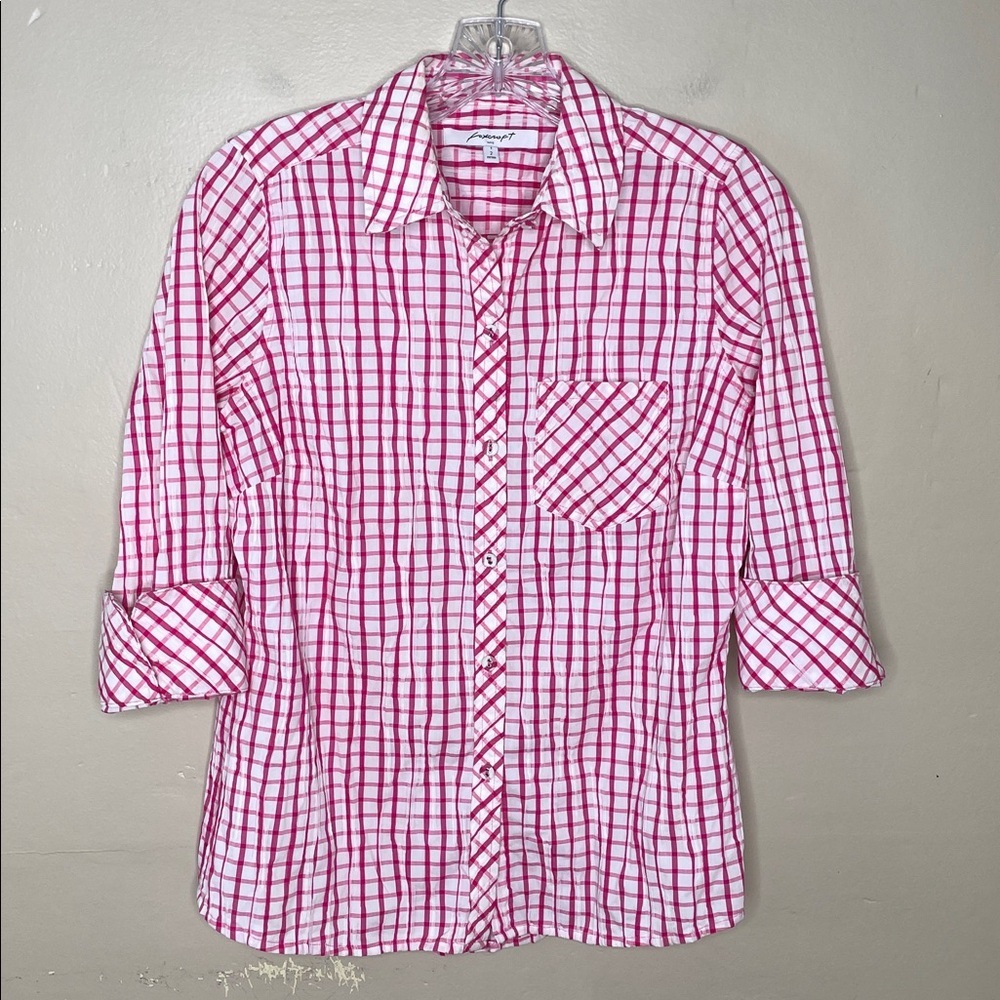 FOXCROFT Pink & White Crisp Button Down Textured Fabric Three Quarter Sleeve 2